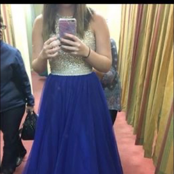 Beautiful Royal Blue prom dress with beaded/sparkly high neck bodice. Worn once. - Picture 2 of 6